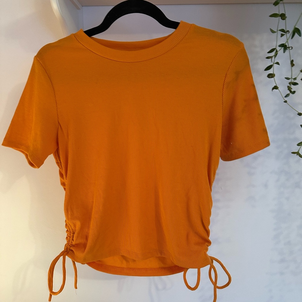 Zara Orange Ruched Crop Tie Front Tee